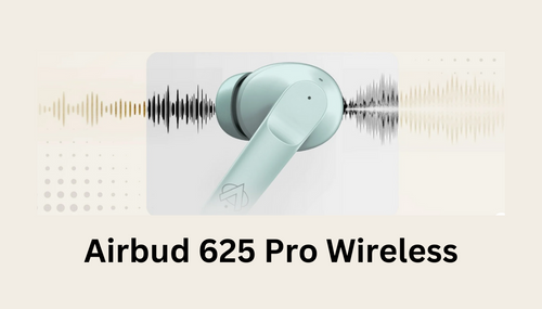 Official Audionic Airbud 625 Pro Wireless banner showing a light green earbud with a sound wave graphic