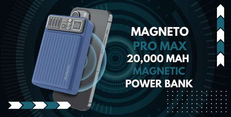 Official Audionic Magneto Pro Max 20000mAh banner showing a blue magnetic power bank attached to a phone