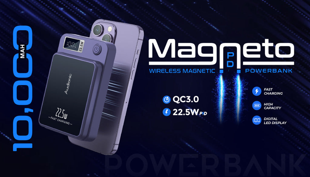 Official Audionic Magneto 10000mAh banner showing a purple magnetic power bank attached to a phone