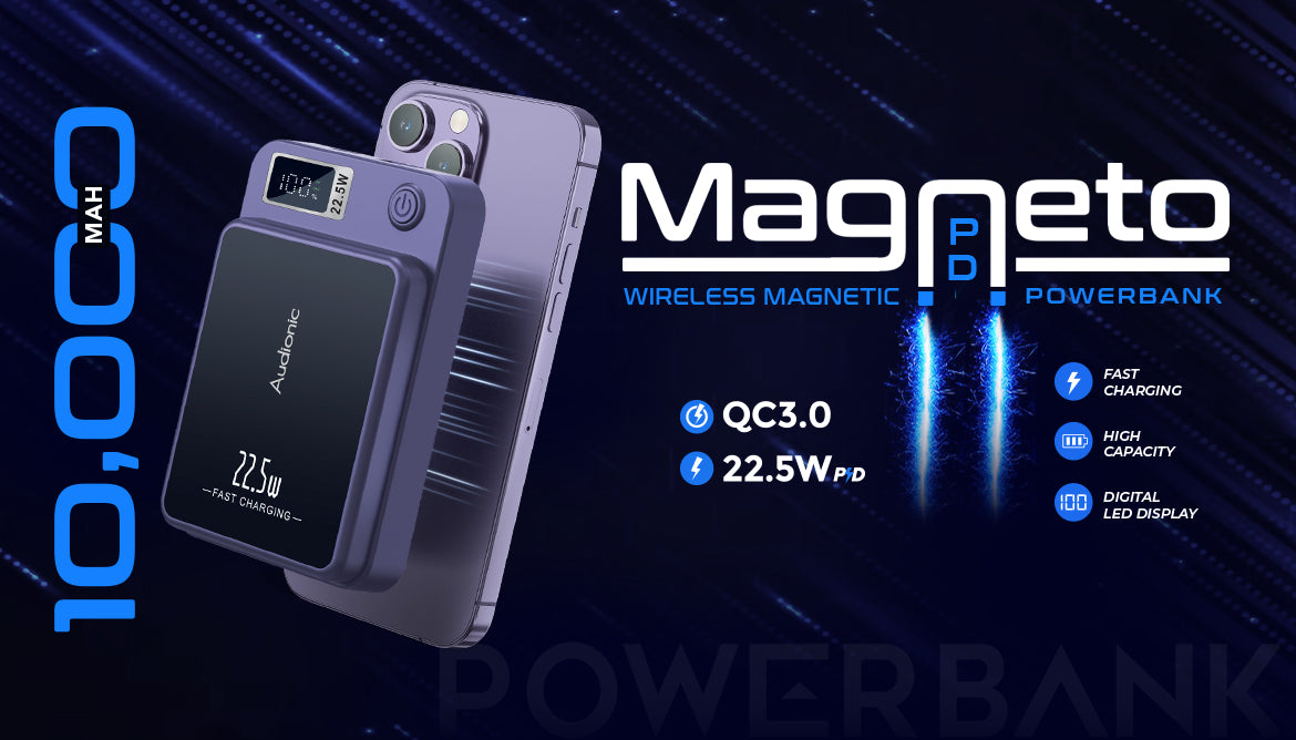 Official Audionic Magneto 10000mAh banner showing a purple magnetic power bank attached to a phone