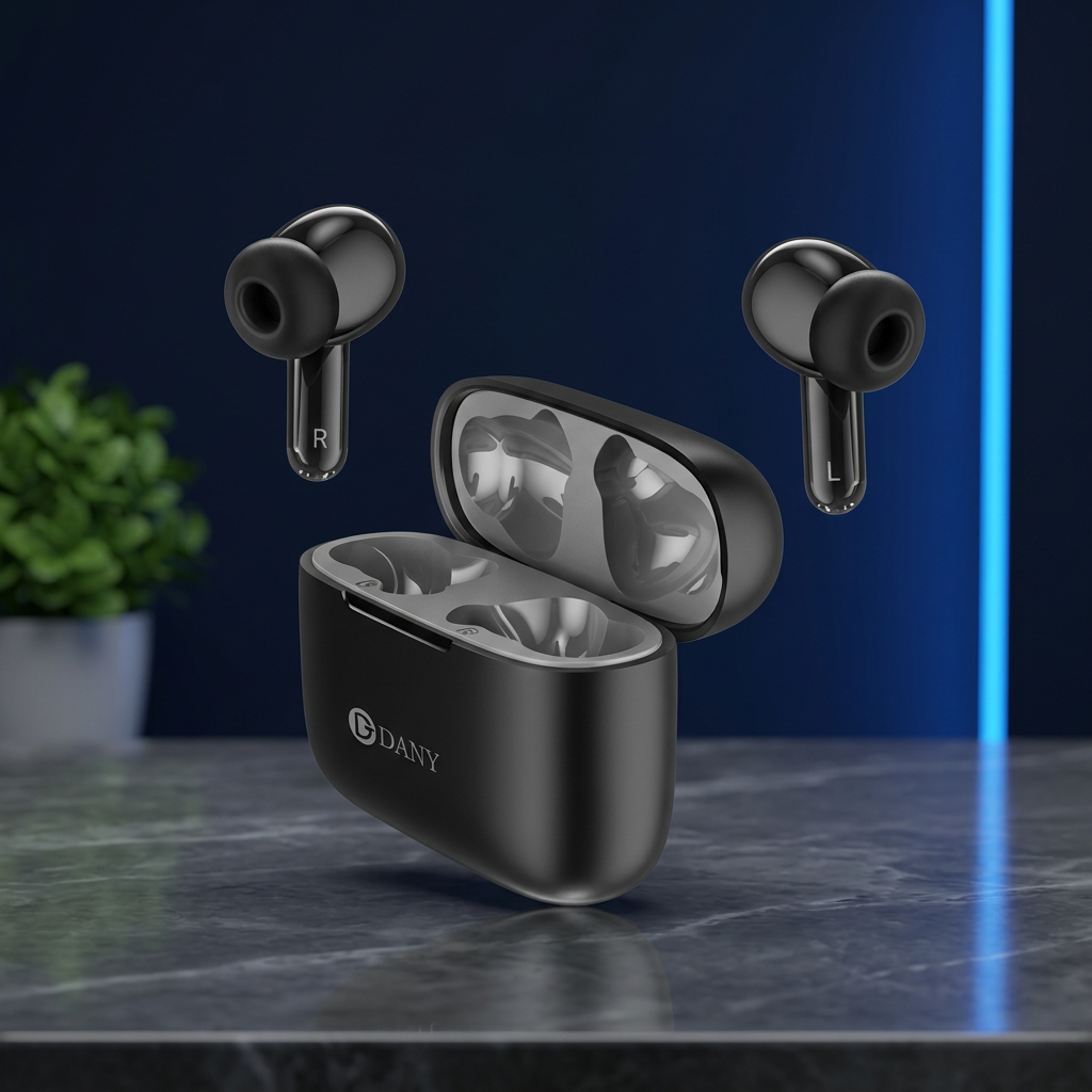 DANY Airdots 101 in DukaanBee square dark marble and navy studio styling