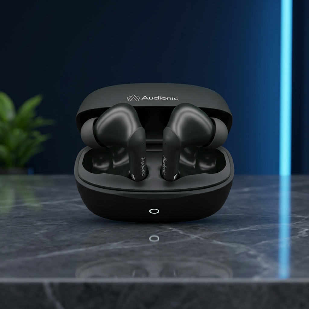 Audionic Airbud 740 ION in DukaanBee square dark marble and navy studio styling
