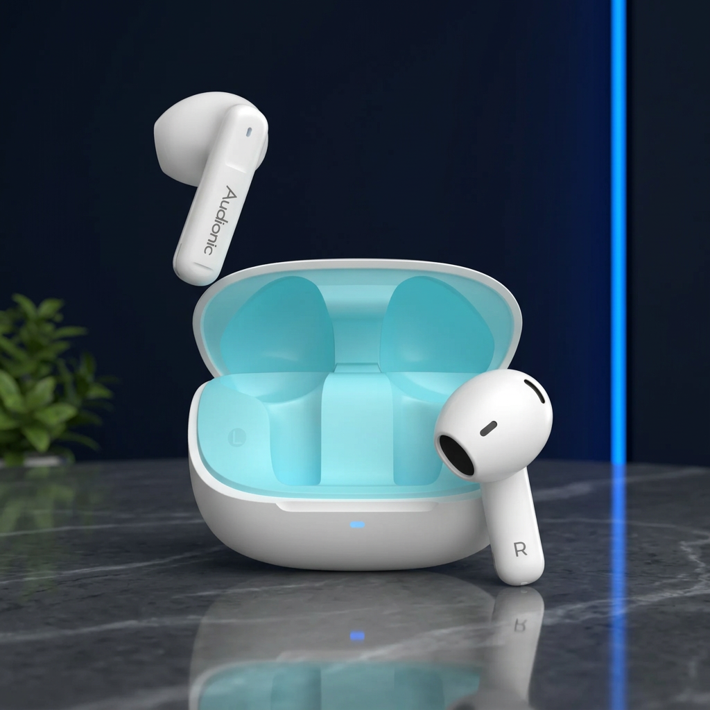 Audionic Airbud 730 in DukaanBee square dark marble and navy studio styling