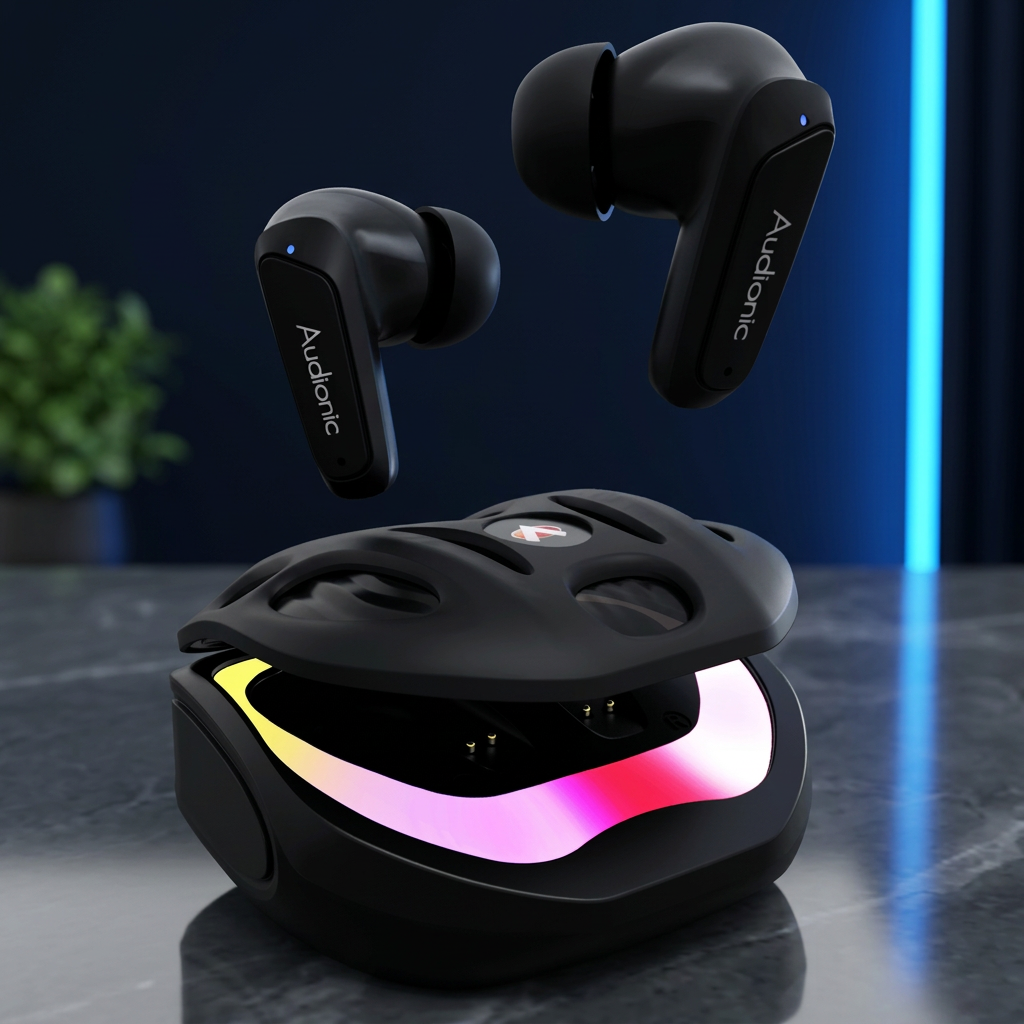 Audionic Battlebuds Pro in DukaanBee square dark marble and navy studio styling