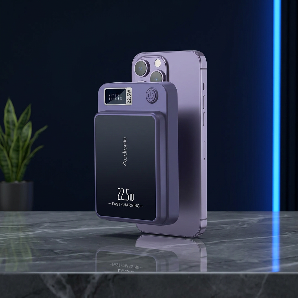 Audionic Magneto in DukaanBee square dark marble and navy studio styling