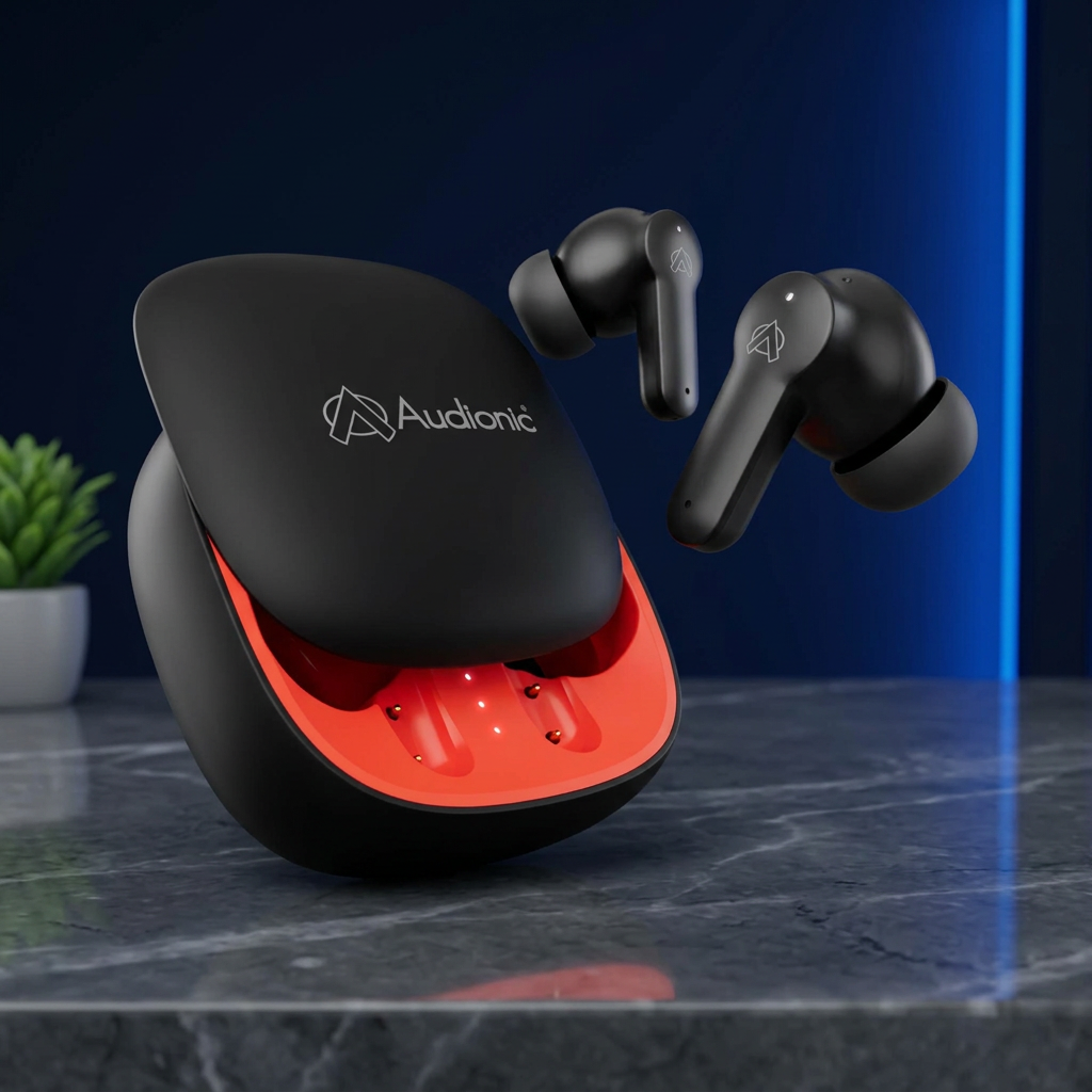 Audionic Airbud 550 in DukaanBee square dark marble and navy studio styling