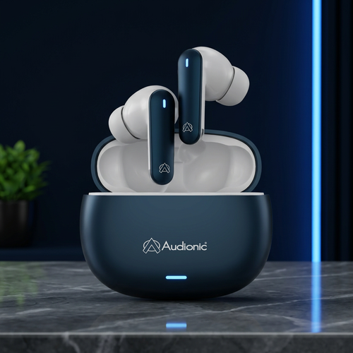 Audionic Airbud 425 in DukaanBee square dark marble and navy studio styling
