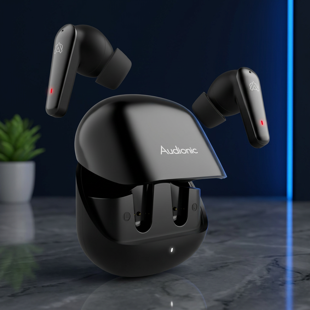 Audionic Airbud 595 in DukaanBee square dark marble and navy studio styling