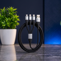 Ronin R-305 black braided 3-in-1 charging cable with USB-A, USB-C, Lightning and Micro-USB connectors